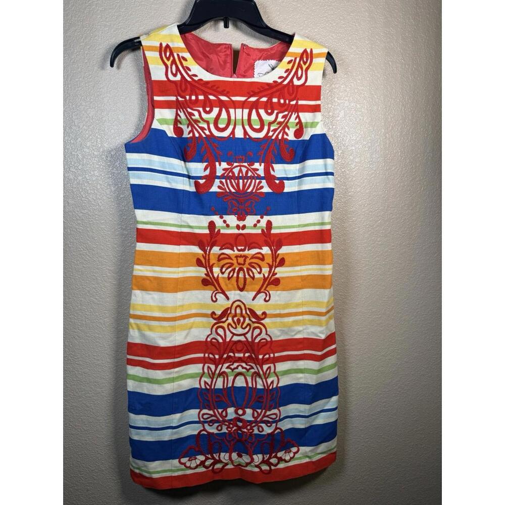 Anthropologie Tabitha Totem Red Embroidered Dress Womenโs 6 Rainbow Banded Lined